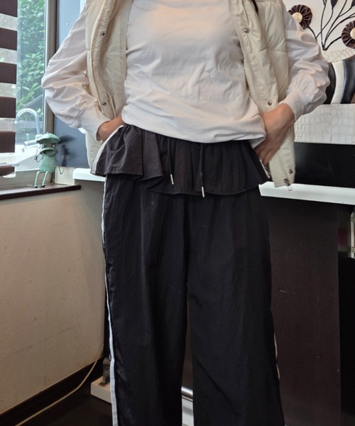 パンツ ウエストフリル サイドライン ワイド トラックパンツ