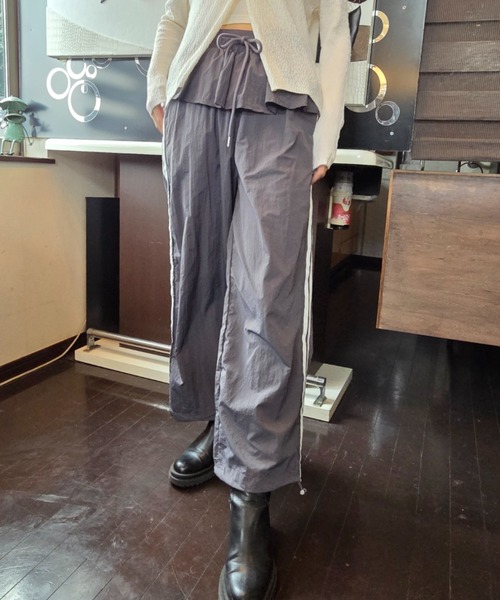 パンツ ウエストフリル サイドライン ワイド トラックパンツ