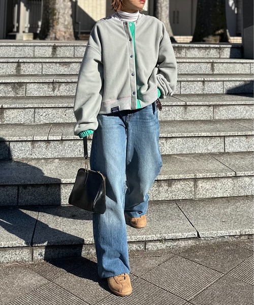 mi via loca カーディガン 配色フリースボア クルーネックカーディガン
