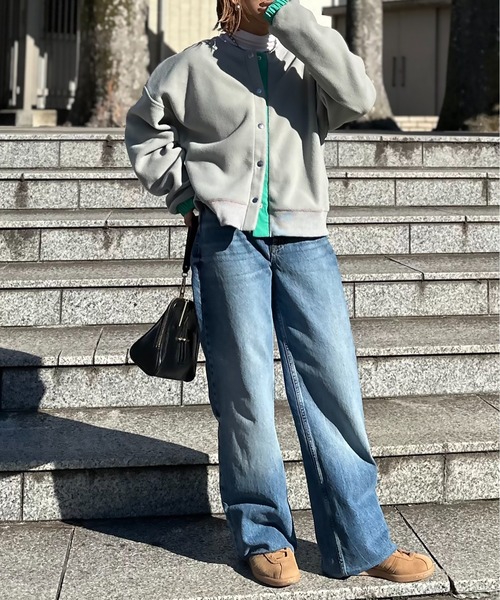 mi via loca カーディガン 配色フリースボア クルーネックカーディガン
