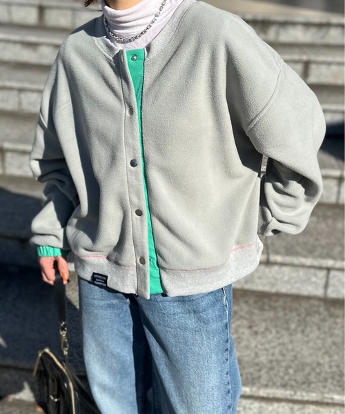mi via loca カーディガン 配色フリースボア クルーネックカーディガン