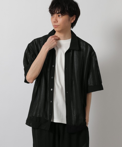 LAKOLE（ラコレ） シャツ 半袖 「セットアップ可」メッシュストライプ