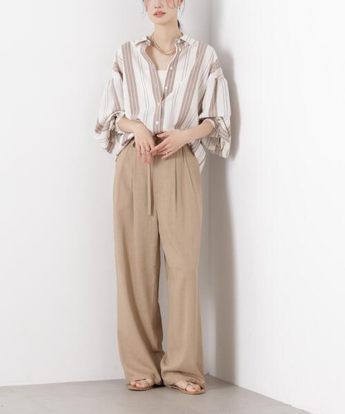 パンツ 多機能リネン混リボンベルト付タックワイドパンツ(セットアップ可) レディースの画像