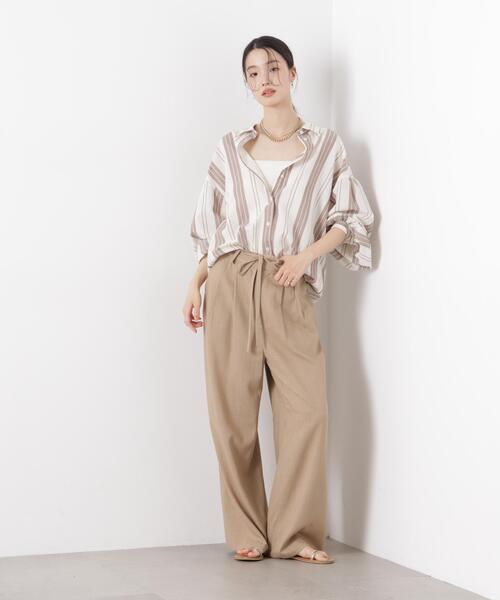 パンツ 多機能リネン混リボンベルト付タックワイドパンツ(セットアップ可) レディースの画像