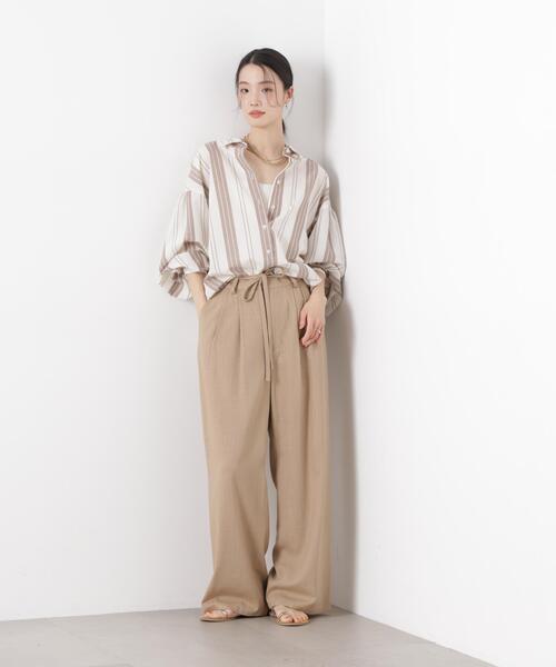 パンツ 多機能リネン混リボンベルト付タックワイドパンツ(セットアップ可) レディースの画像