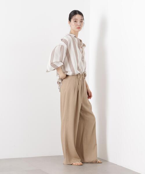 パンツ 多機能リネン混リボンベルト付タックワイドパンツ(セットアップ可) レディースの画像