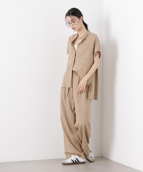 パンツ 多機能リネン混リボンベルト付タックワイドパンツ(セットアップ可) レディースの画像