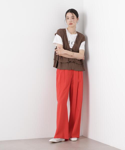 パンツ 多機能リネン混リボンベルト付タックワイドパンツ(セットアップ可) レディースの画像