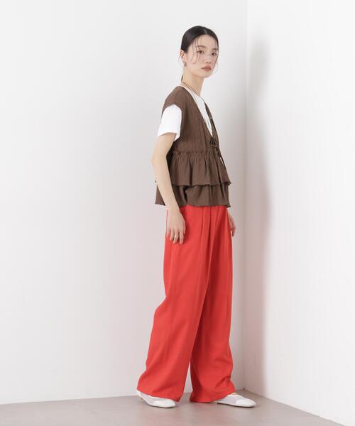パンツ 多機能リネン混リボンベルト付タックワイドパンツ(セットアップ可) レディースの画像
