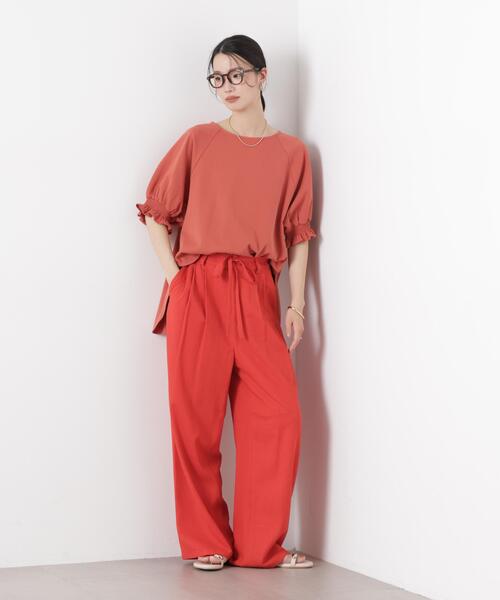 パンツ 多機能リネン混リボンベルト付タックワイドパンツ(セットアップ可) レディースの画像