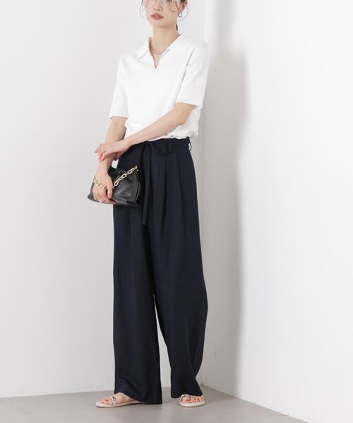 パンツ 多機能リネン混リボンベルト付タックワイドパンツ(セットアップ可) レディースの画像