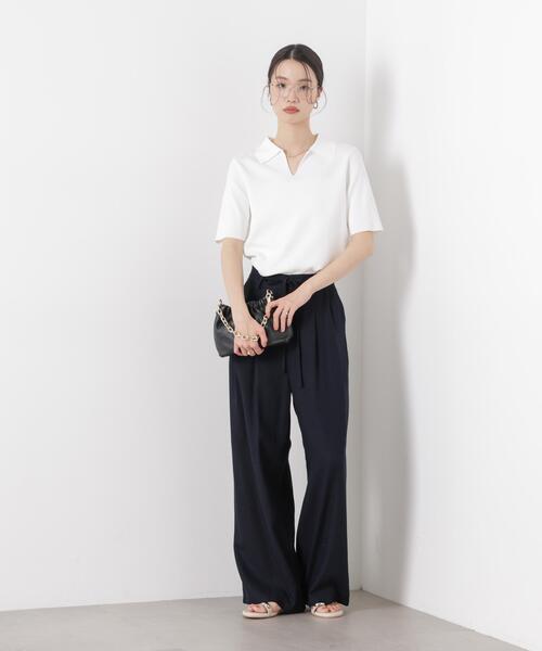 パンツ 多機能リネン混リボンベルト付タックワイドパンツ(セットアップ可) レディースの画像