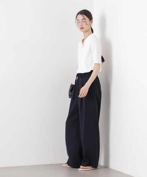 パンツ 多機能リネン混リボンベルト付タックワイドパンツ(セットアップ可) レディースの画像