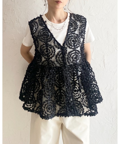 She's Closet ベスト ジレ Vネック 刺繍 レース ジャガード チュール