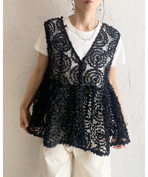 She's Closet ベスト ジレ Vネック 刺繍 レース ジャガード チュール