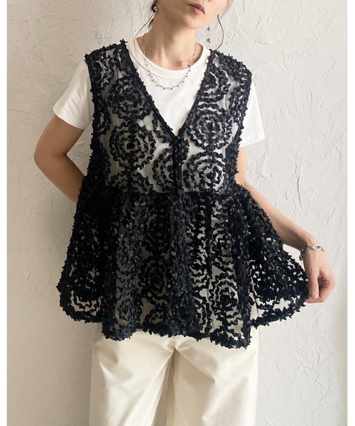 She's Closet ベスト ジレ Vネック 刺繍 レース ジャガード チュール
