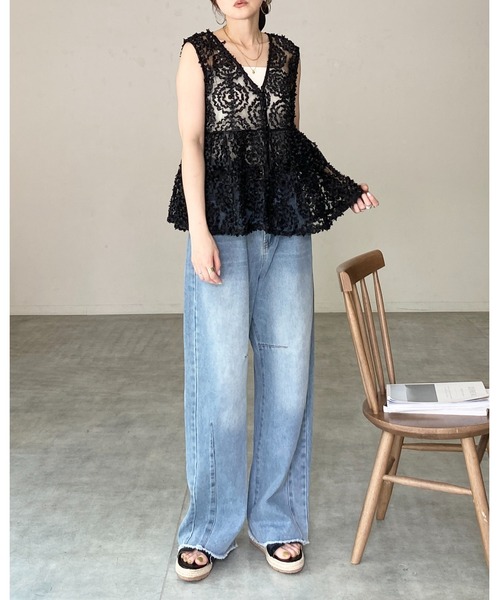 She's Closet ベスト ジレ Vネック 刺繍 レース ジャガード チュール