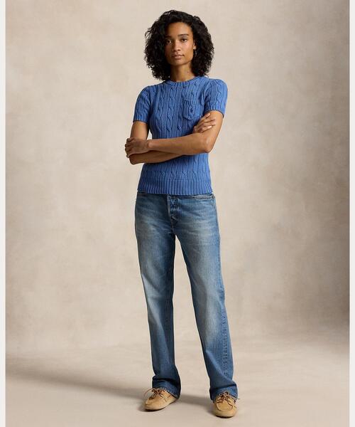 美品　ポロラルフローレン　ケーブルニットコットンショートスリーブセーター　Ｓ　青 POLO RALPH LAUREN（ポロ・ラルフローレン） ラルフローレン ニット