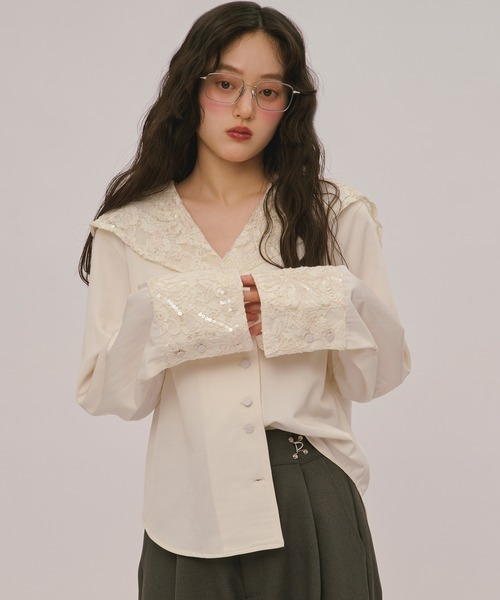 完売品　loin nuit スパンコールレースカラーブラウス loin nuit ブラウス シャツ spangle lace collar blouse