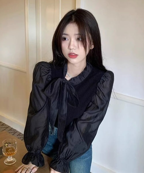 i-dare tシャツ 「i-dare」リボン モックネック 袖切替え シースルー