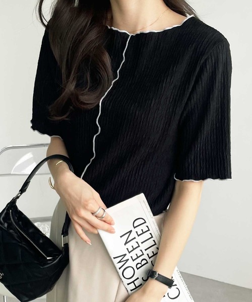 tシャツ 「着回し力抜群」シアーテレコ5分袖前後２WAYカットソー レディース La boutique Bonbon tシャツ 「着回し力抜群」シアーテレコ5分袖