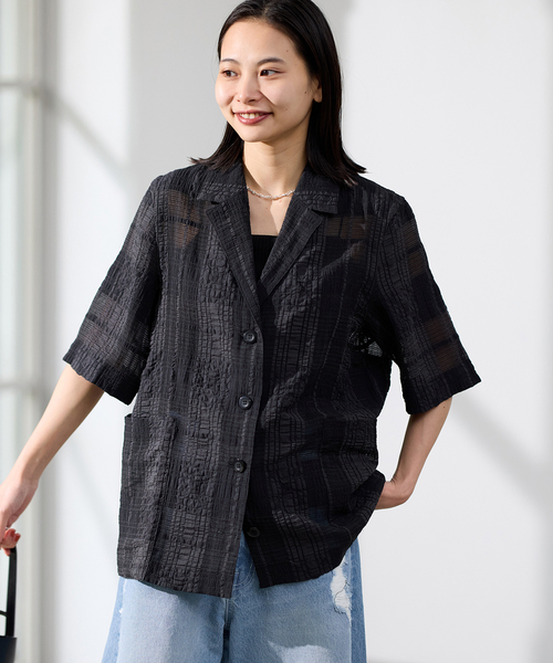 25SS ジャーナルスタンダードレリューム シアーチェックバンドカラーブラウス JOURNAL STANDARD relume ブラウス シャツ シアーチェックバンド