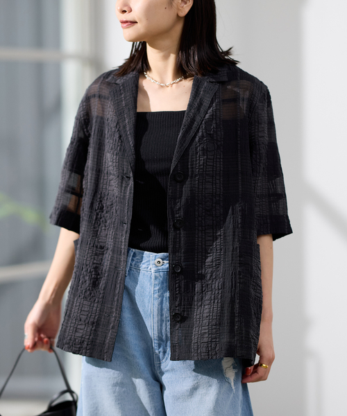 JOURNAL STANDARD◆チェックシアーバンドカラー長袖シャツ/--/コットン/BLK/チェック/24050400507020 JOURNAL STANDARD relume ブラウス シャツ シアーチェックバンド
