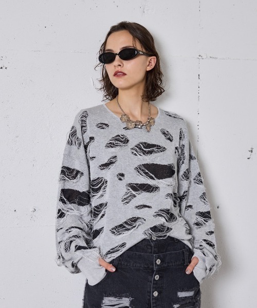 seyto 2トーンダメージニット サイズ1グレー セーター ニット Two tone damage knit / 2トーンダメージニット