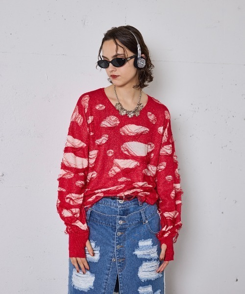 セーター ニット Two tone damage knit / 2トーンダメージニット