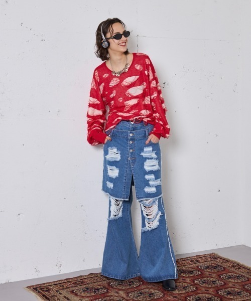 セーター ニット Two tone damage knit / 2トーンダメージニット