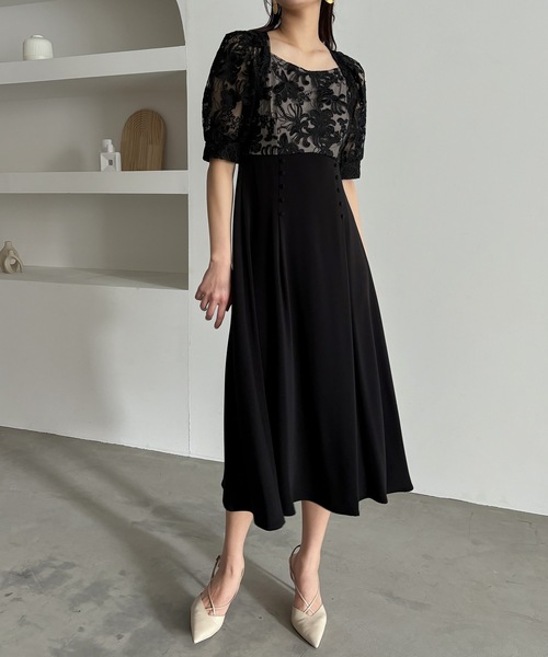 【新品】結婚式 お呼ばれ 成人式 ドレス 刺繍 切り替え フレアレース 新品】結婚式 お呼ばれ 成人式 ドレス 刺繍 切り替え フレアレース L