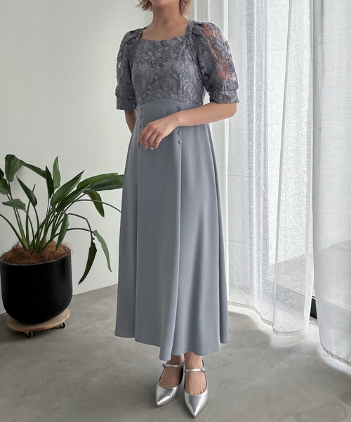 ドレス 刺繍レース切り替えフレアドレス 結婚式 二次会 成人式 同窓会