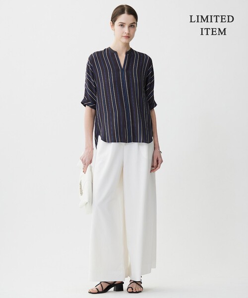 ICB ブラウス シャツ BackSatinAmunzen 5分袖キーネックブラウス