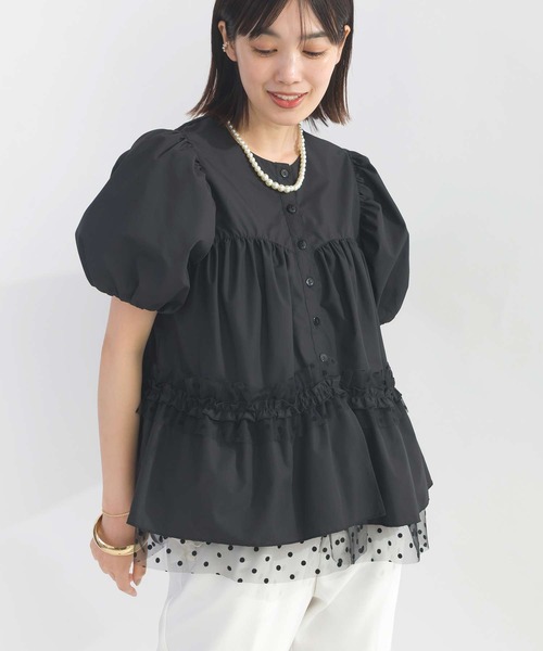 PICCIN PERLA ブラウス シャツ ドットチュールペプラムブラウス