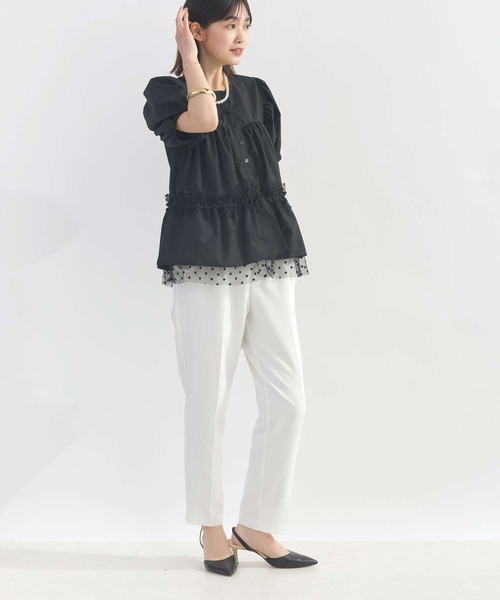 美品♡ ヘイブ 半袖 春夏 クロスラッフルトップ カットソー ブラウス 黒 PICCIN PERLA ブラウス シャツ 半袖 ドットチュールペプラムブラウス