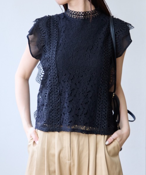 ブラウス シャツ シャンブレー×レースフレンチ レディース BLANC FICELLE ブラウス シャツ レースシャツ レディース