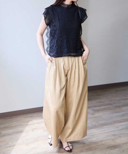 ブラウス シャツ シャンブレー×レースフレンチ レディース BLANC FICELLE ブラウス シャツ レースシャツ レディース