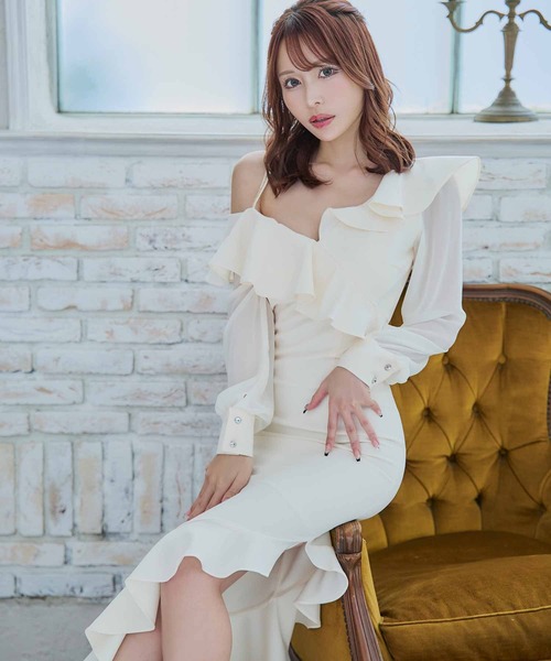 【値下げ】シースルー フリル袖結婚式ドレス セット Tika ワンピース キャバドレス フリルワンショルダー シースルー
