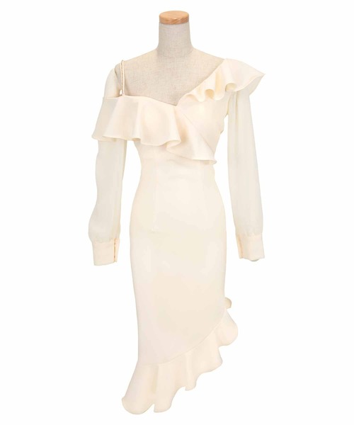 ワンショルダー フリル ひざ丈 タイトドレス キャバ嬢 パーティー ワンショルダーフリルタイトドレス ドレス dress カラードレス