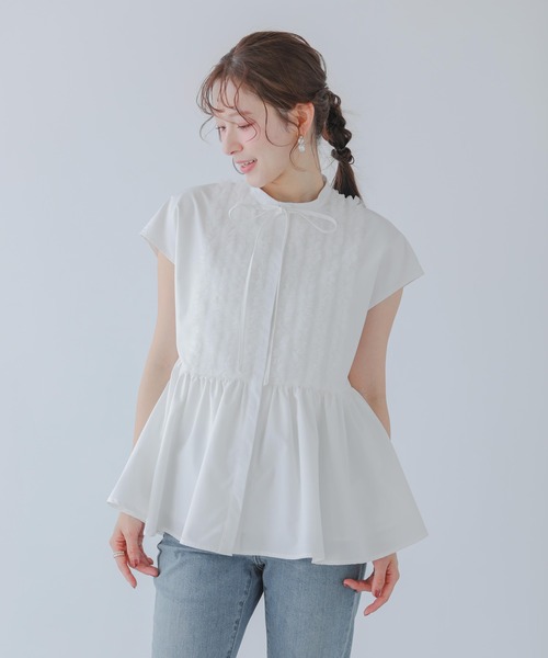 フィットモア　fitmore フロントフリルペプラムブラウス　ネイビー セール】フロントフリルペプラムブラウス（シャツ/ブラウス