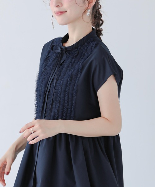 フィットモア　fitmore フロントフリルペプラムブラウス　ネイビー セール】フロントフリルペプラムブラウス（シャツ/ブラウス