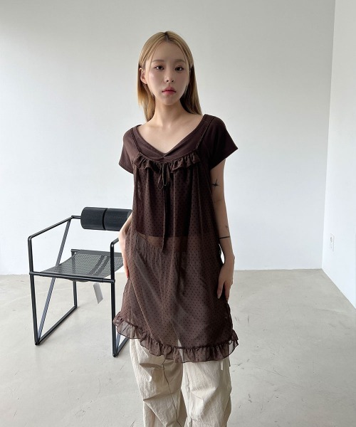 4INT. チュニック 「単独 orレイヤード着用」ドット フリル シースルー