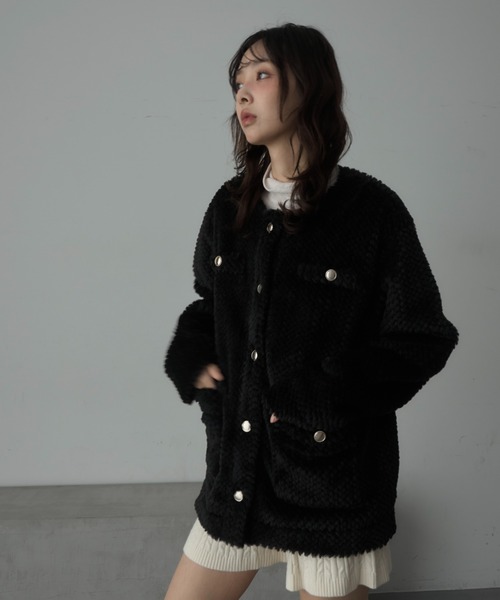 Nadana ノーカラーコート コート ゴールドボタンノーカラーファー