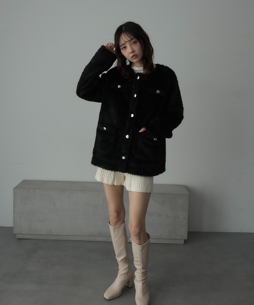 Nadana ノーカラーコート コート ゴールドボタンノーカラーファー