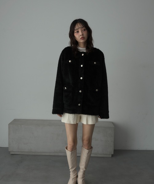 Nadana ノーカラーコート コート ゴールドボタンノーカラーファー