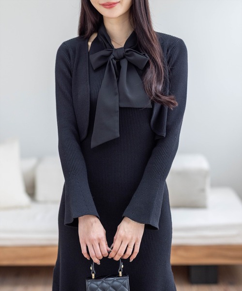 PEARLY GATES ボウタイ　ニットワンピース CLEAR BASIC ワンピース ボウタイリボンニットワンピース＆ニット