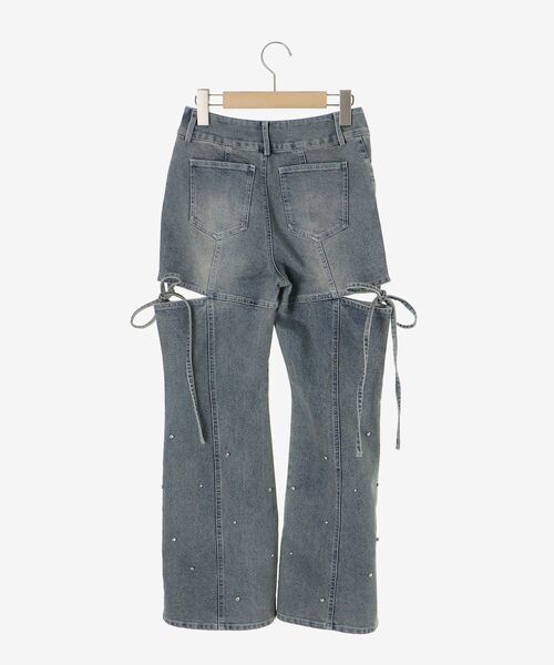ジーンズ デニム デニムパンツ スリットビジューフレアデニムパンツ レディースの画像