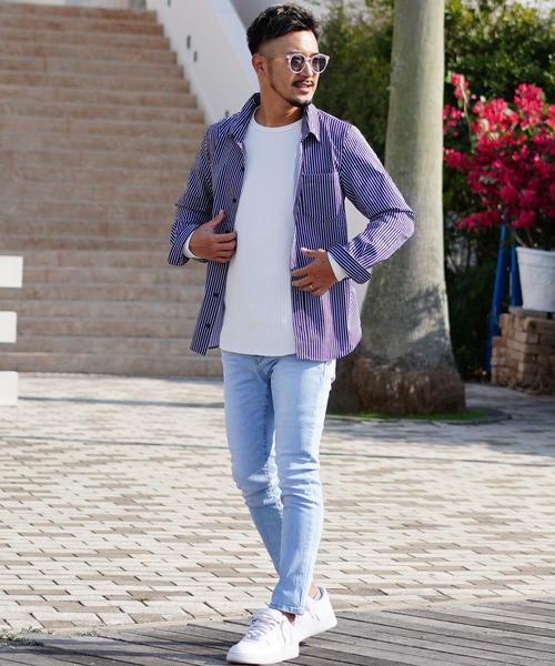 「adamsJUGGLER」 長袖シャツ L ネイビー×ホワイト メンズ_画像3