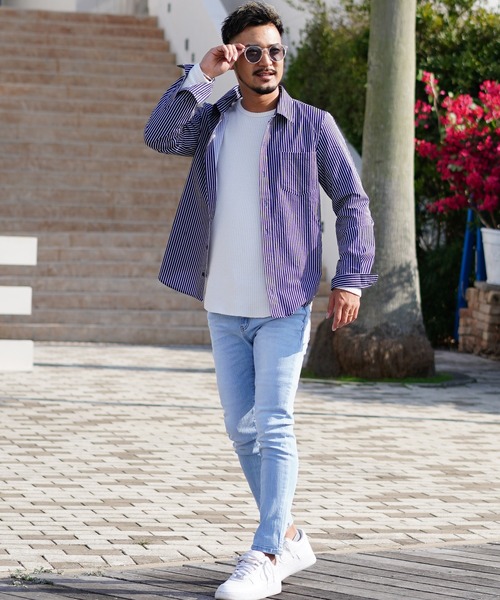 「adamsJUGGLER」 長袖シャツ L ネイビー×ホワイト メンズ_画像4