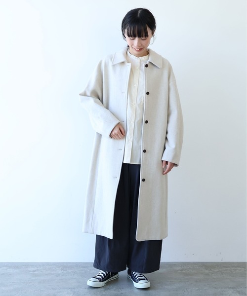 【yuni コート】毛100%、ドロップショルダー yuni ステンカラーコート コート ウールsuper100 bal collar cocoon